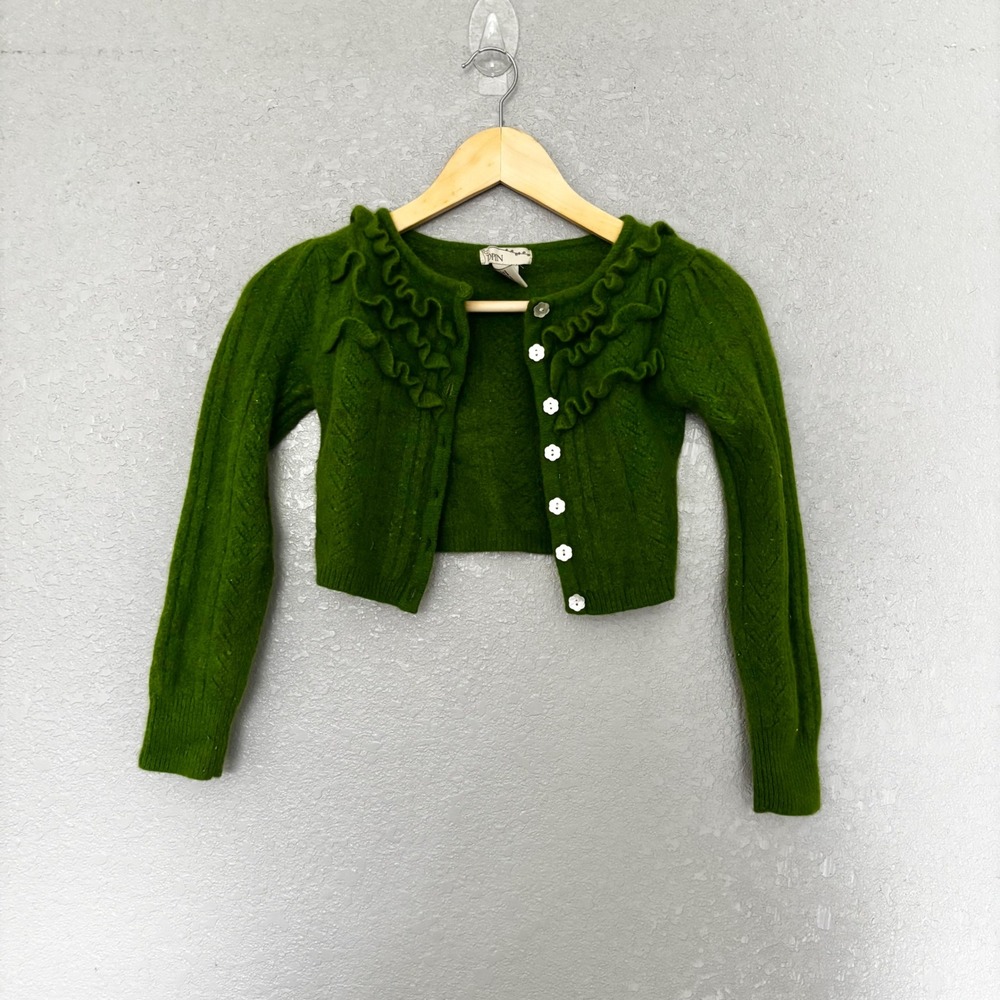 J PIN Kids Green Wool Angora Blend Cropped Cardigan Sweater Size S Ruffles‎ 4/5
